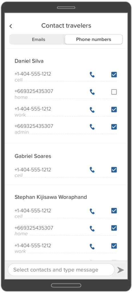 Lista de contactos de viajeros con números de teléfono.