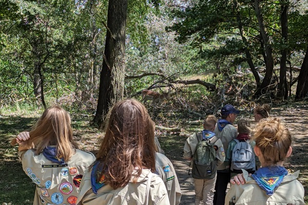 Un grupo de scouts, conformado por seis niños y un adulto, recorren a pie una zona boscosa.