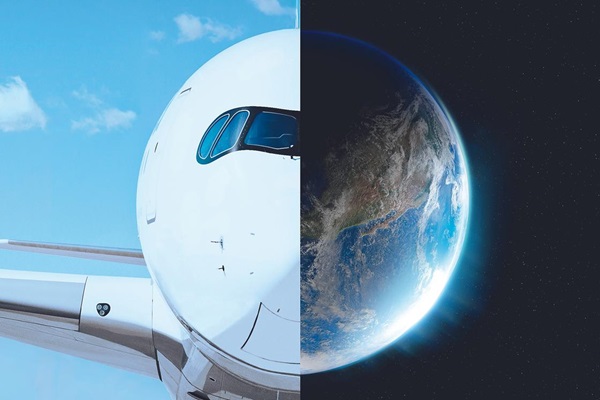 Airplane and Earth split image, sky and space.