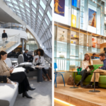 Travelers relaxing in modern airport lounge areas.