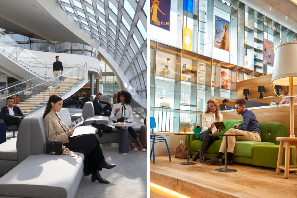 Travelers relaxing in modern airport lounge areas.